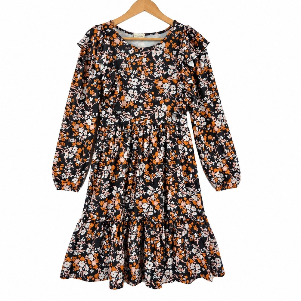 Marie Nicole Clothing Floral Ruffle Tiered Dress Orange Black White Small
